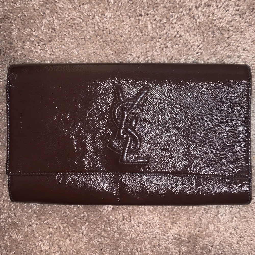 Ysl patent leather clutch in burgundy